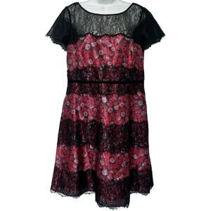 Kay Unger New York Black Pink Cap Sleeve Floral Lace Accent Mini Dress size L